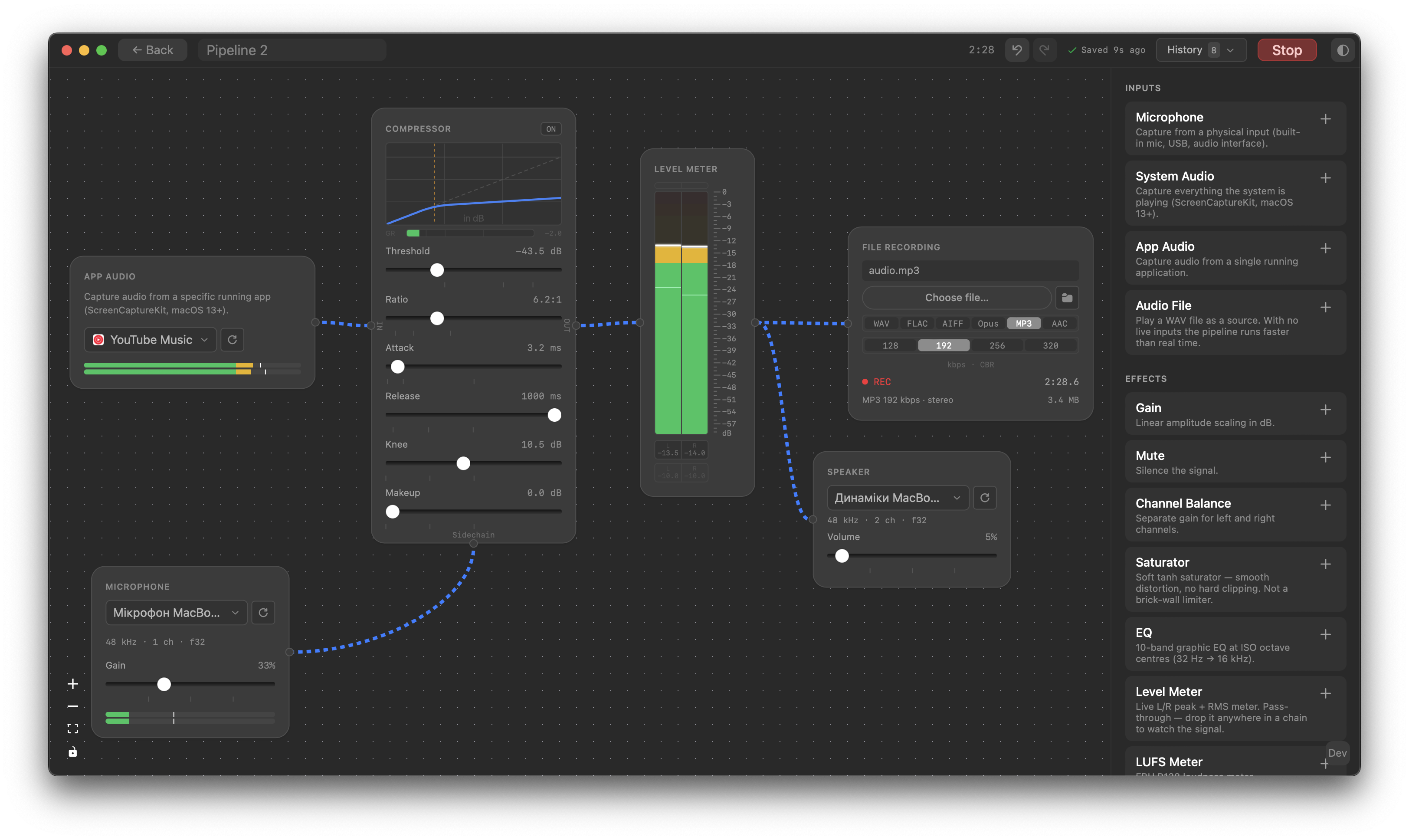 Splitwave pipeline editor Splitwave audio routing pipeline editor on macOS